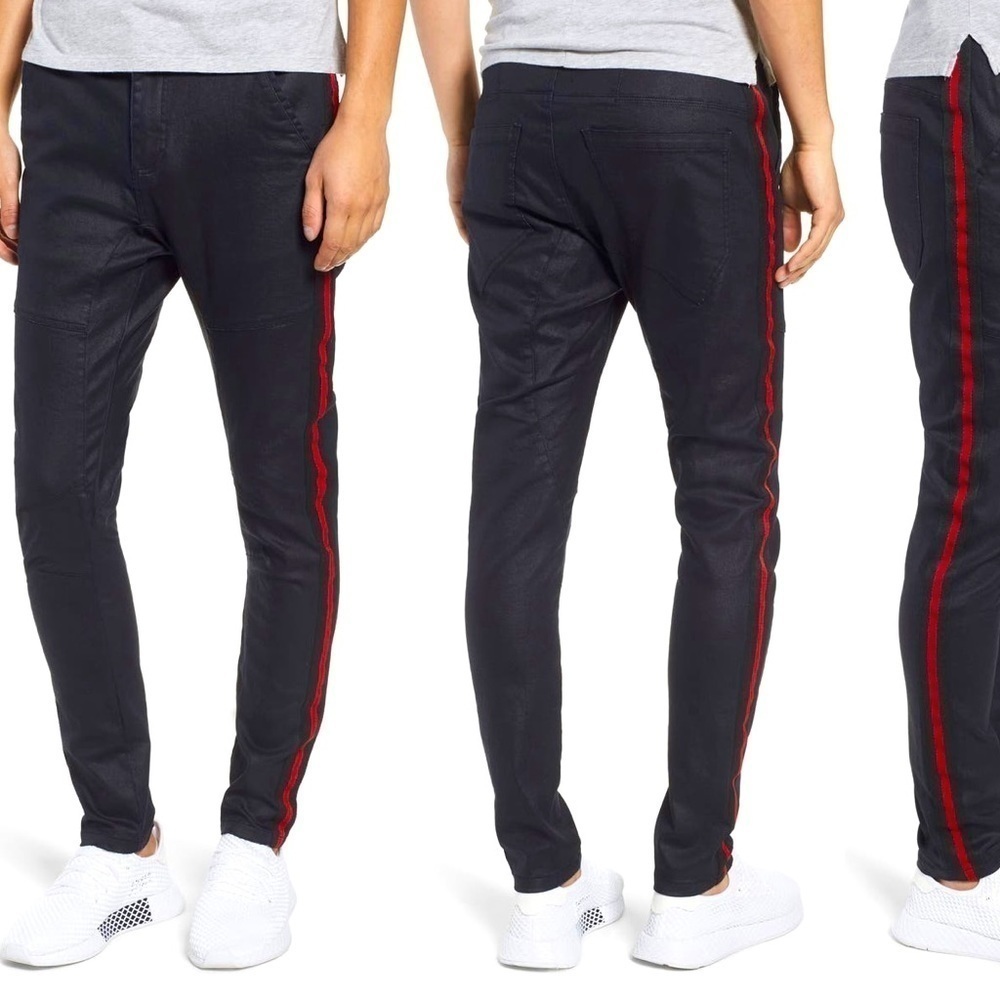 NXP Baseline Taped Skinny Slim Fit Jeans Wax Black Red Stripe